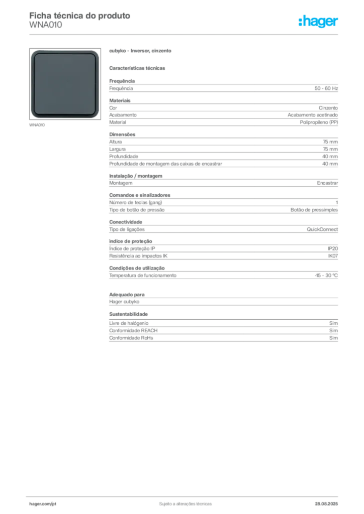 Imagem Hager Ficha técnica do produto WNA010 | Hager Portugal