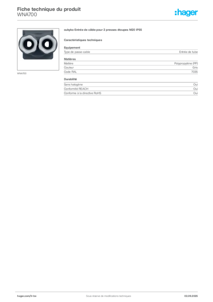 Image Hager Fiche technique du produit WNA700 | Hager Belgique