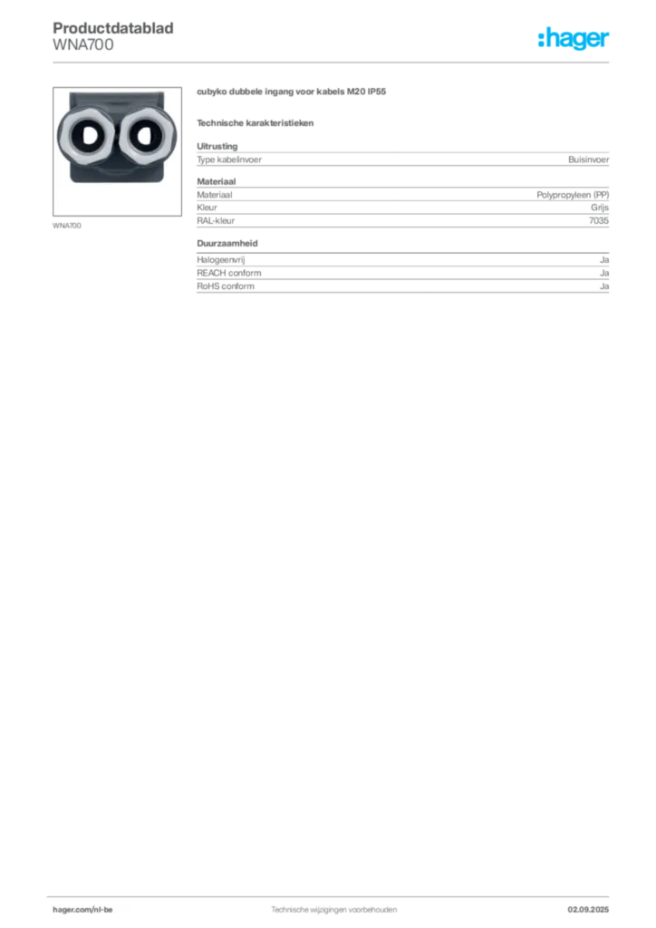 Afbeelding Hager Productdatablad WNA700 | Hager Belgium