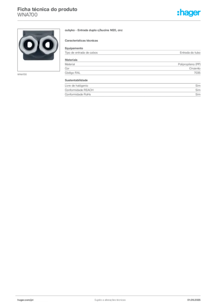 Imagem Hager Ficha técnica do produto WNA700 | Hager Portugal