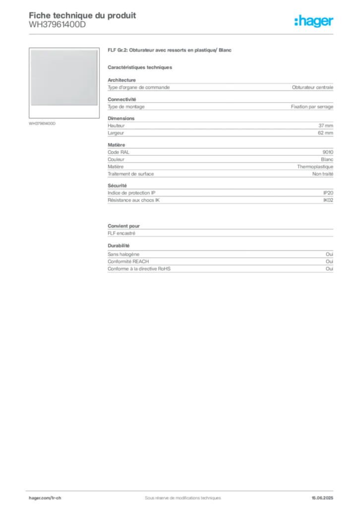 Image Hager Fiche technique du produit WH37961400D | Hager Suisse