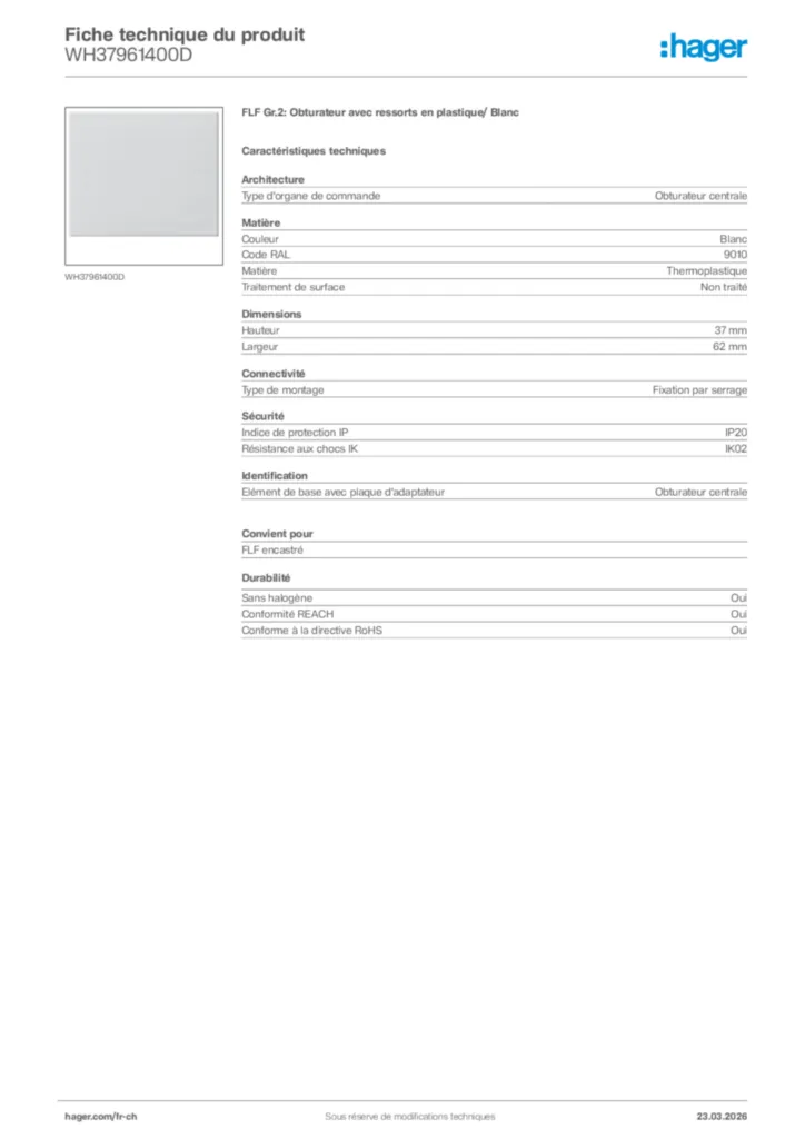Image Hager Fiche technique du produit WH37961400D | Hager Suisse