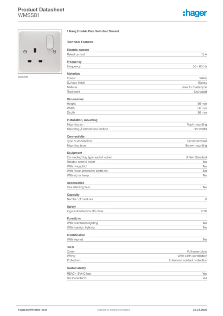 Image Hager Product data sheet WMSS81  | Hager