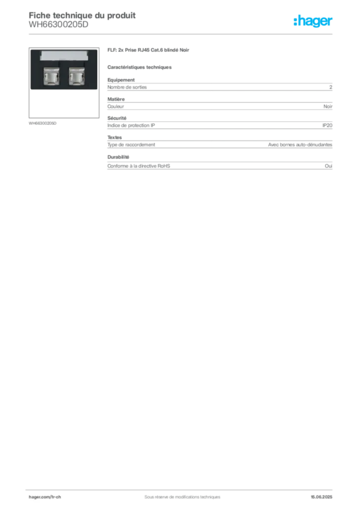 Image Hager Fiche technique du produit WH66300205D | Hager Suisse