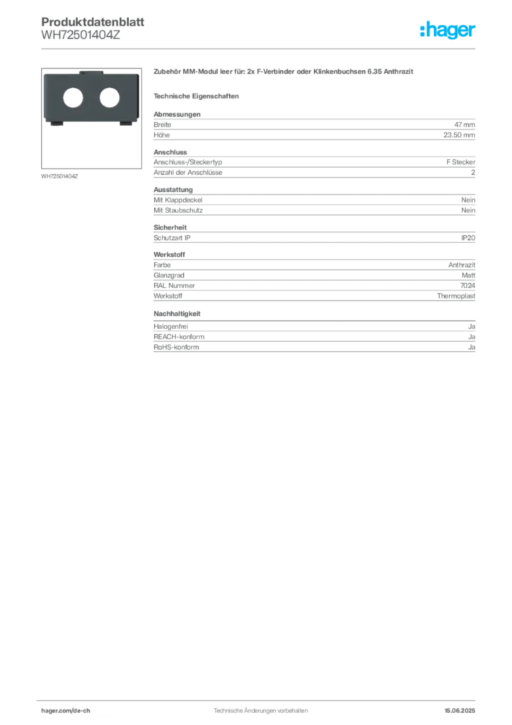 Bild Hager Produktdatenblatt WH72501404Z | Hager Schweiz