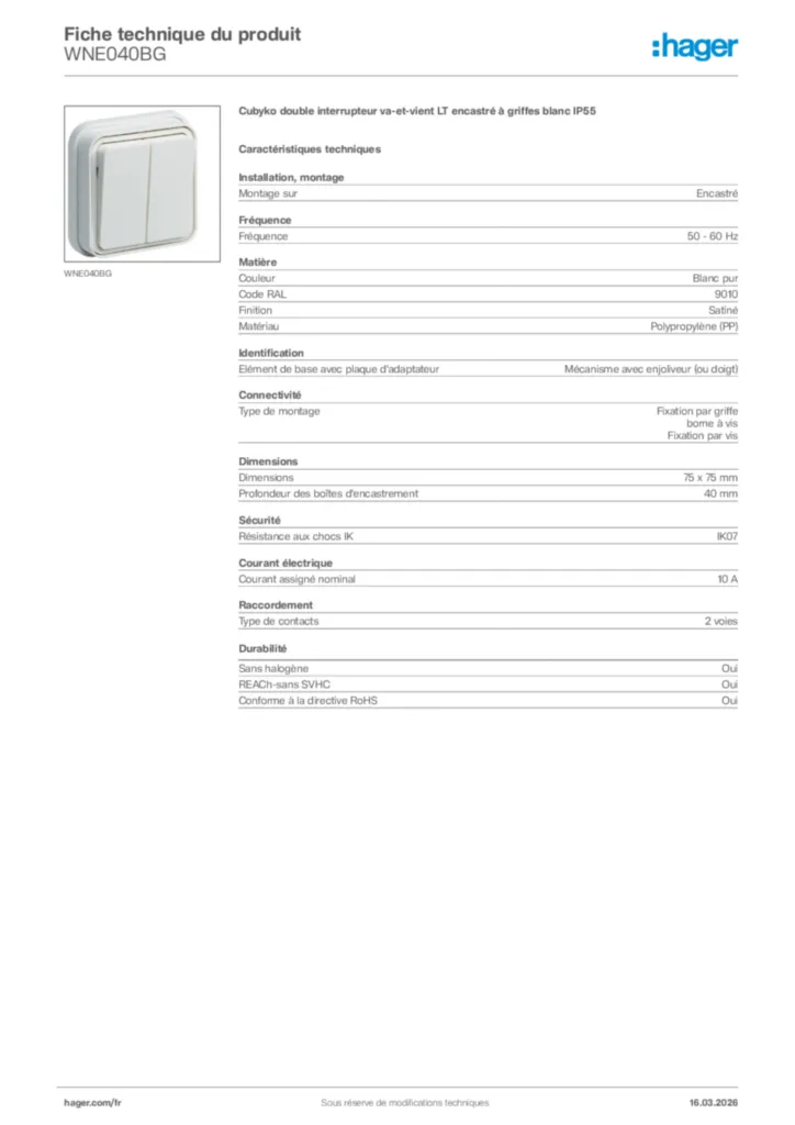 Image Hager Fiche technique du produit WNE040BG | Hager France
