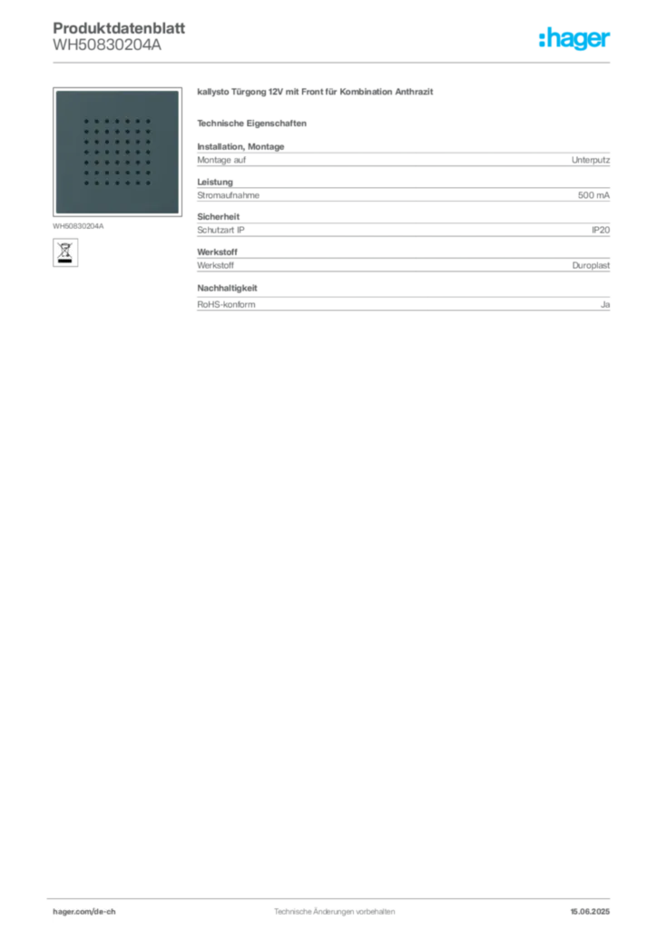 Bild Hager Produktdatenblatt WH50830204A | Hager Schweiz