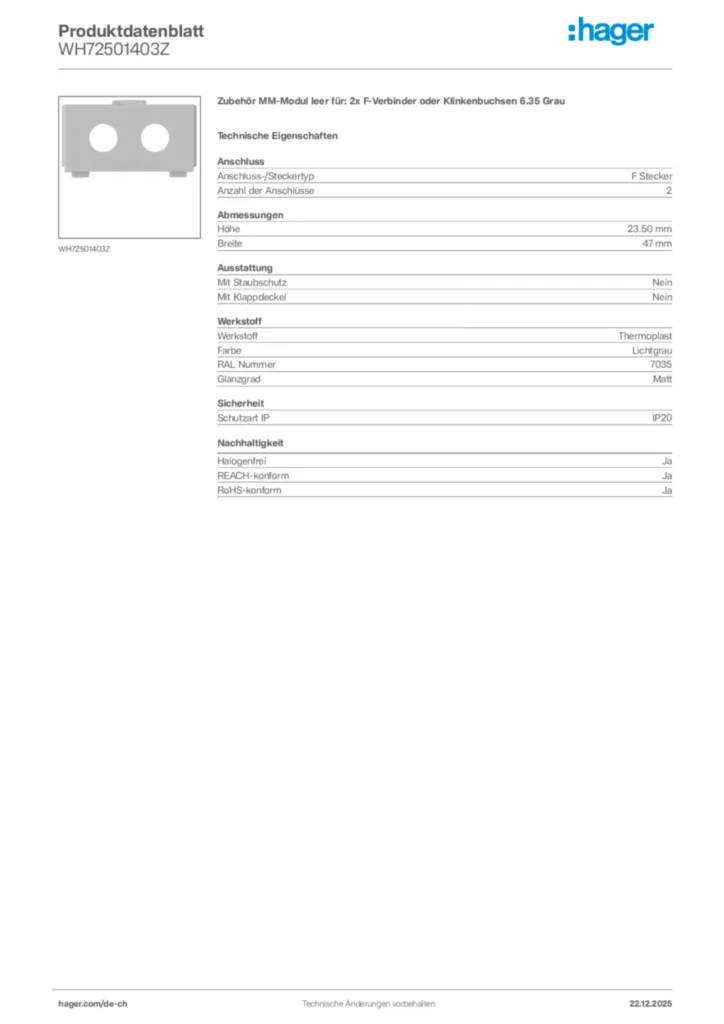 Bild Hager Produktdatenblatt WH72501403Z | Hager Schweiz