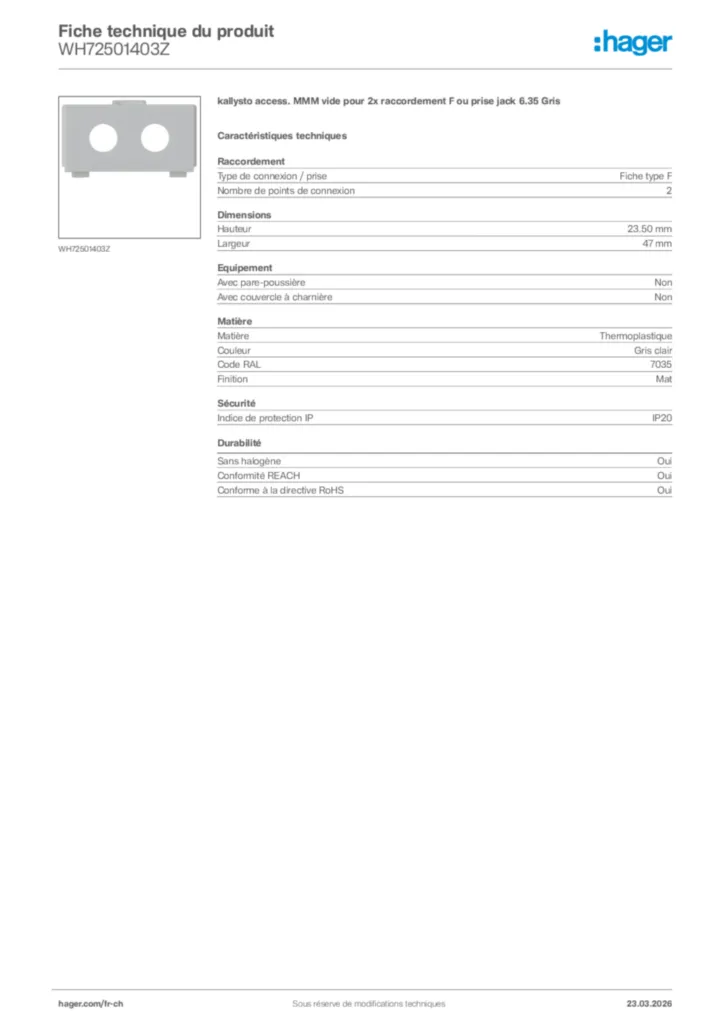 Image Hager Fiche technique du produit WH72501403Z | Hager Suisse