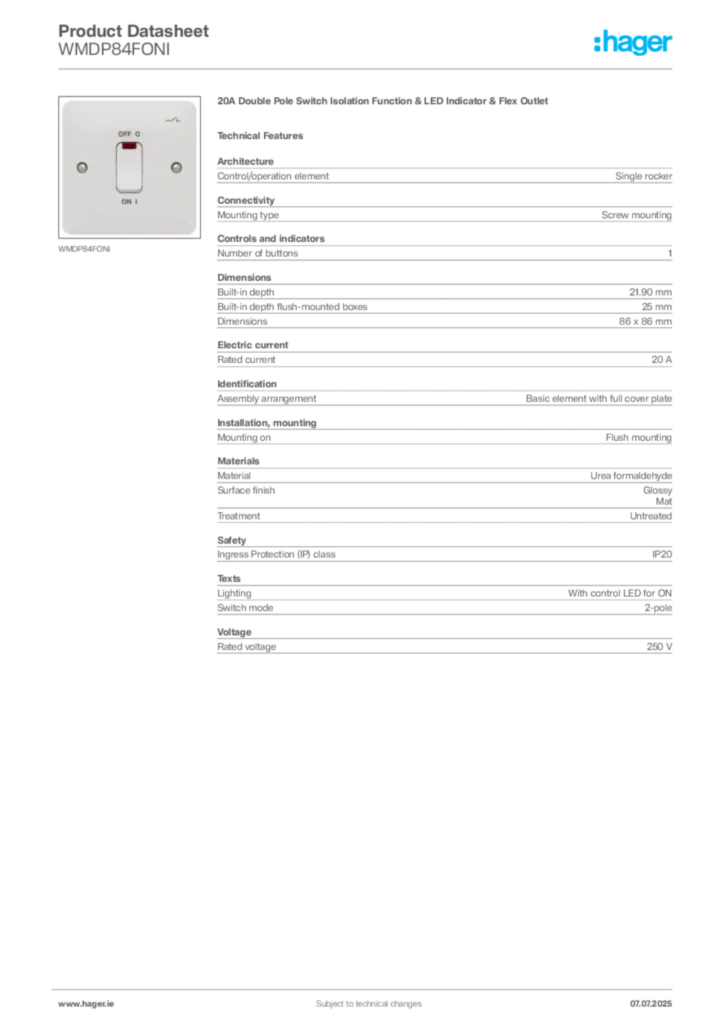 Image Hager Product data sheet WMDP84FONI  | Hager