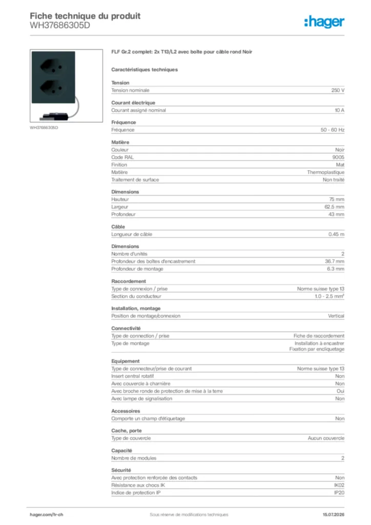 Image Hager Fiche technique du produit WH37686305D | Hager Suisse