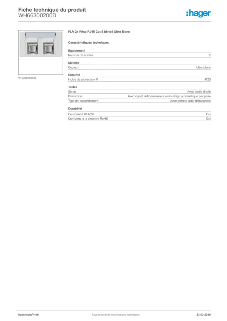 Image Hager Fiche technique du produit WH66300200D | Hager Suisse