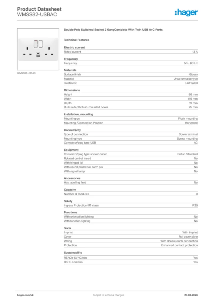 Image Hager Product data sheet WMSS82-USBAC  | Hager