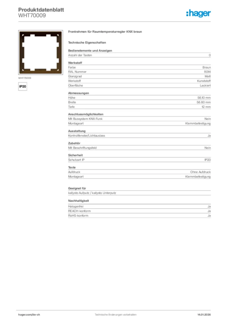 Bild Hager Produktdatenblatt WHT70009 | Hager Schweiz