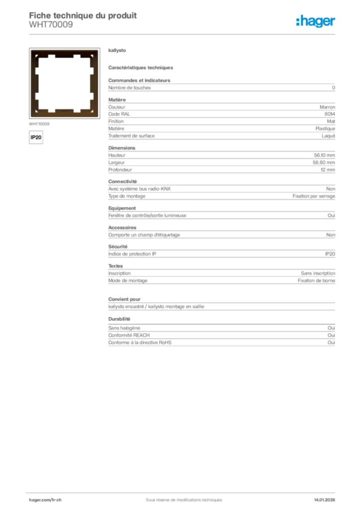 Image Hager Fiche technique du produit WHT70009 | Hager Suisse