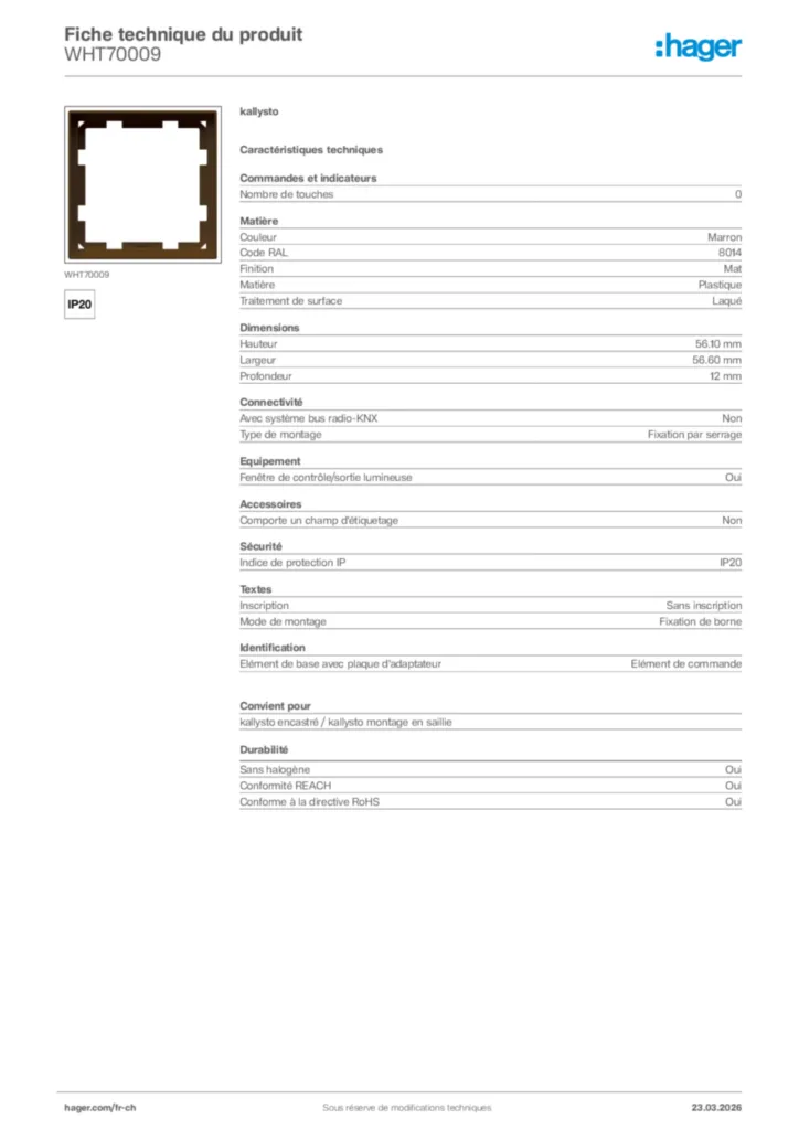 Image Hager Fiche technique du produit WHT70009 | Hager Suisse