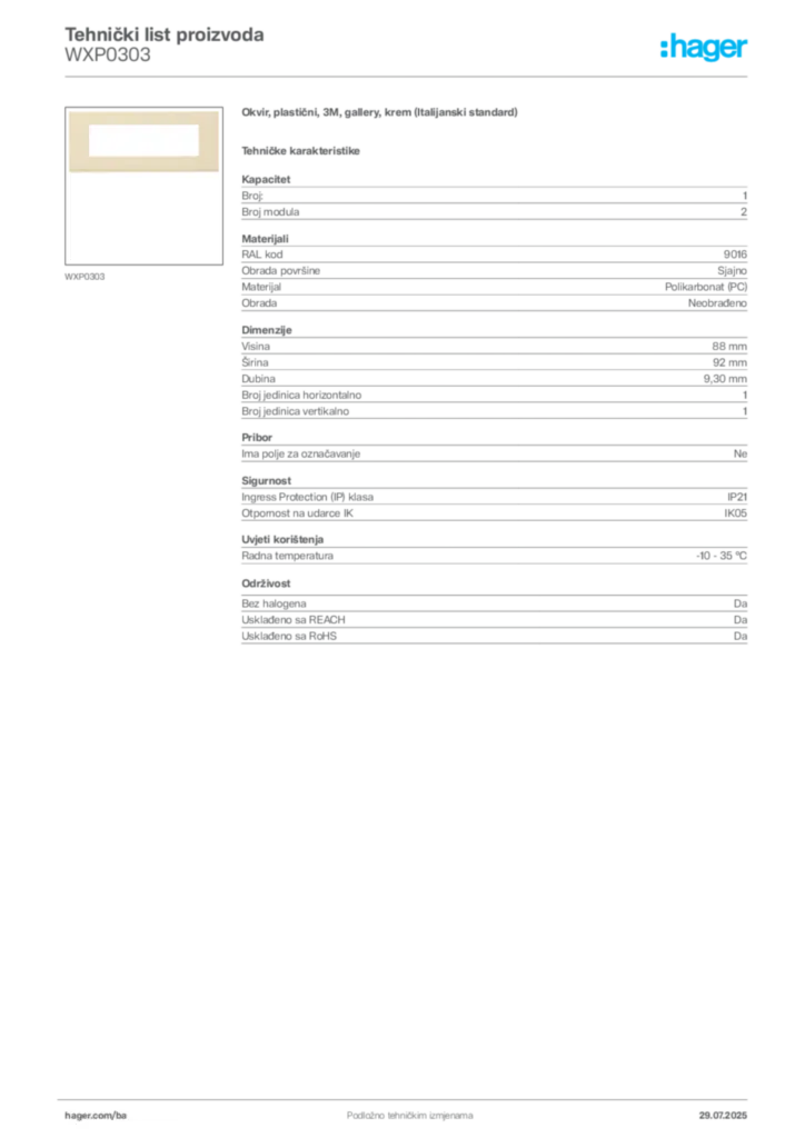 Slika Hager Product data sheet WXP0303  | Hager