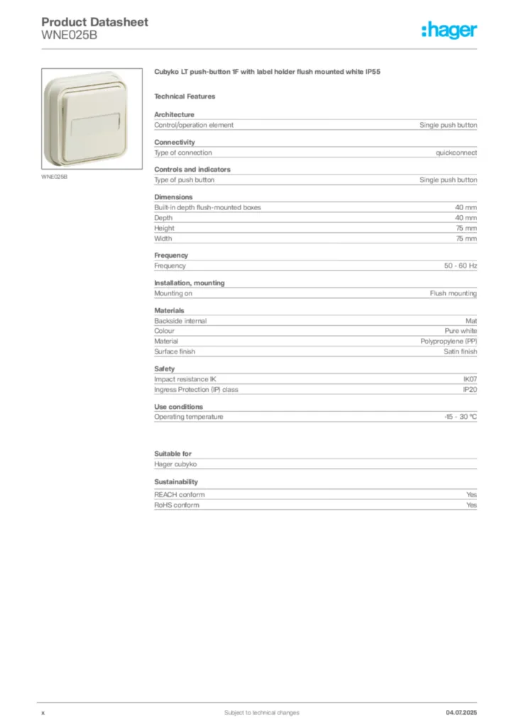 Image Hager Product data sheet WNE025B  | Hager Africa