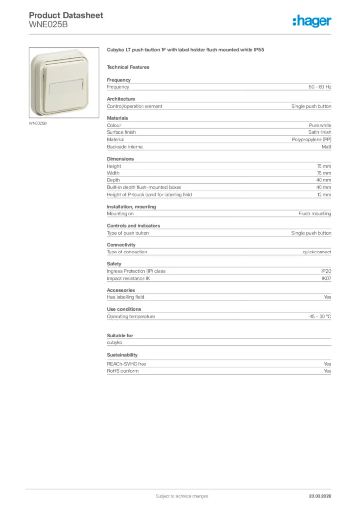Image Hager Product data sheet WNE025B  | Hager Africa