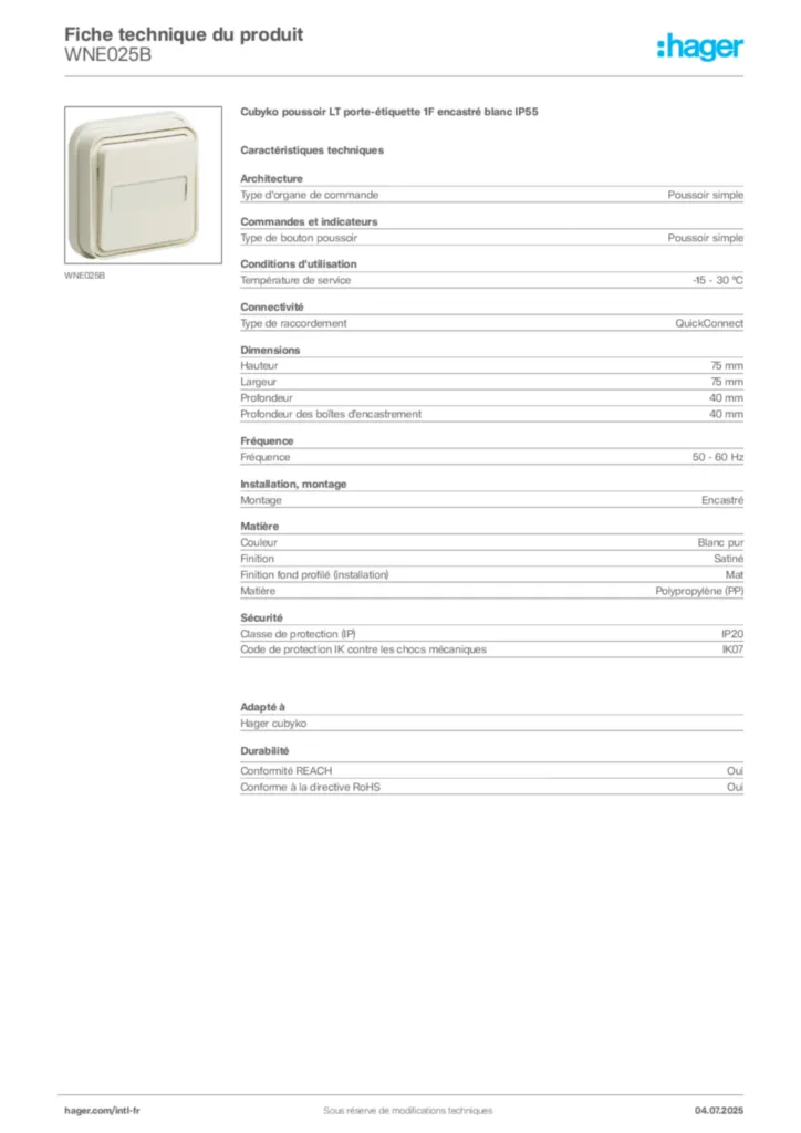 Image Hager Fiche technique du produit WNE025B | Hager Afrique