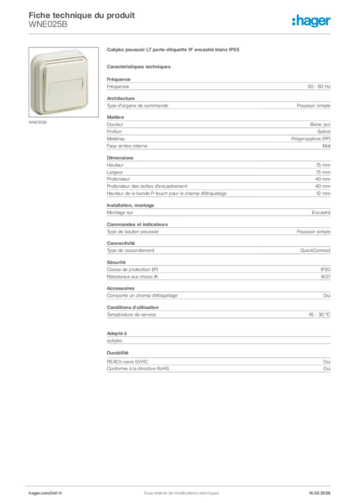 Image Hager Fiche technique du produit WNE025B | Hager Afrique