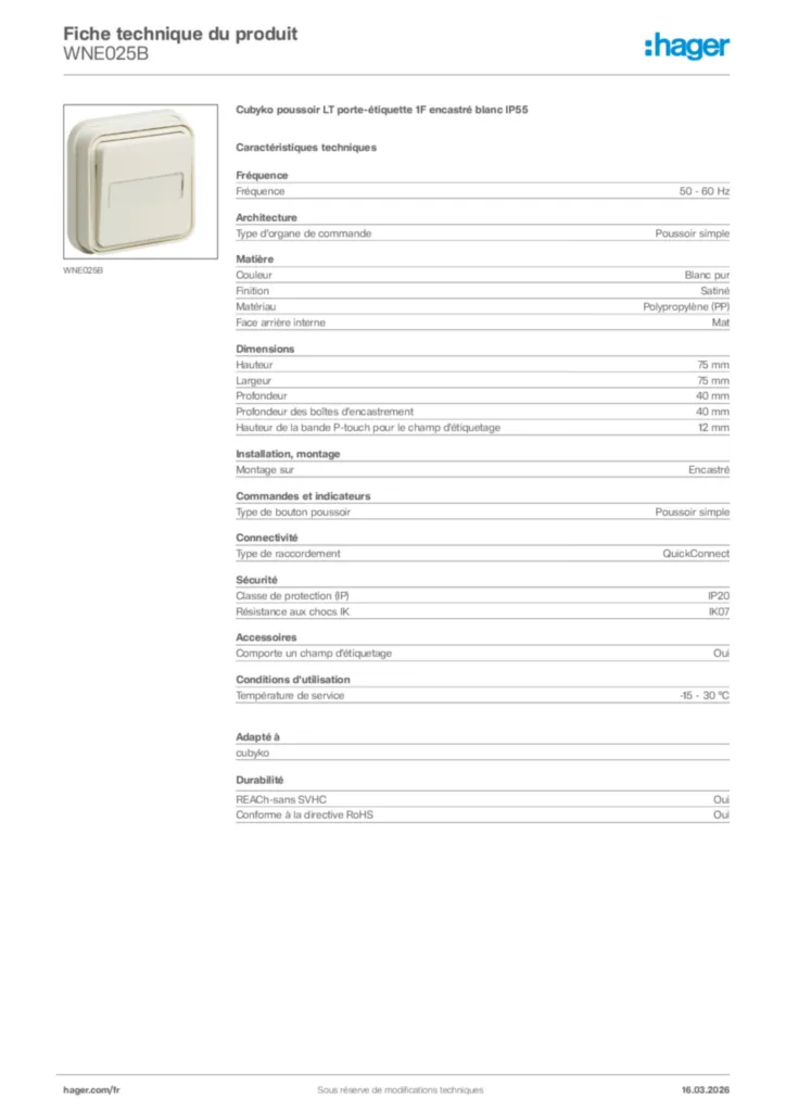 Image Hager Fiche technique du produit WNE025B | Hager France