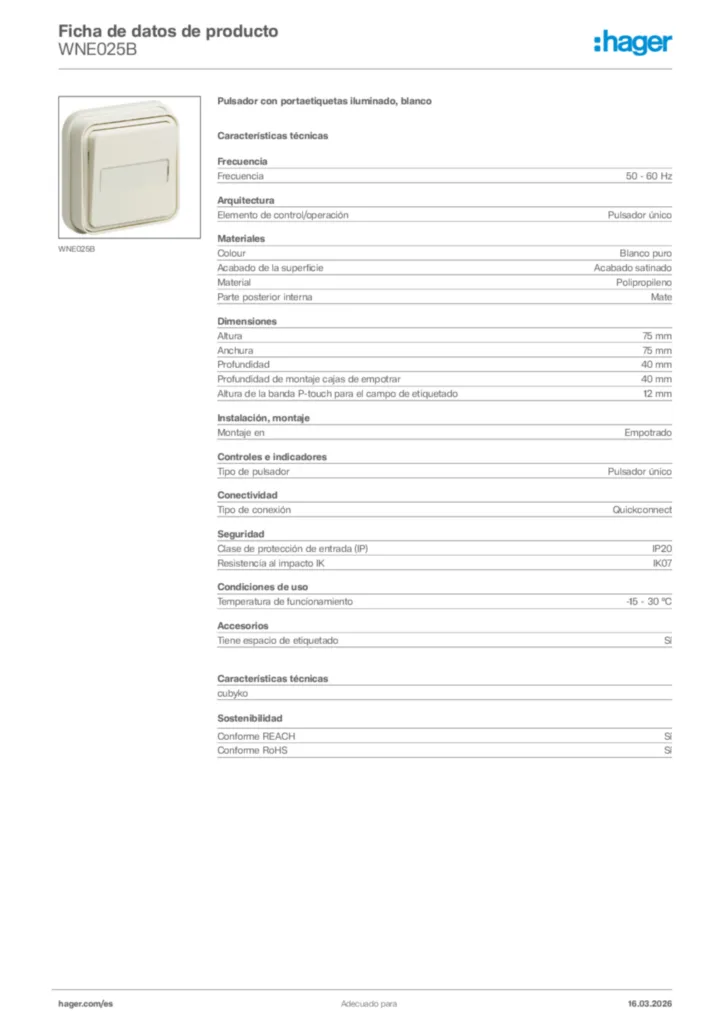 Imagen Hager Ficha de datos de producto WNE025B | Hager España