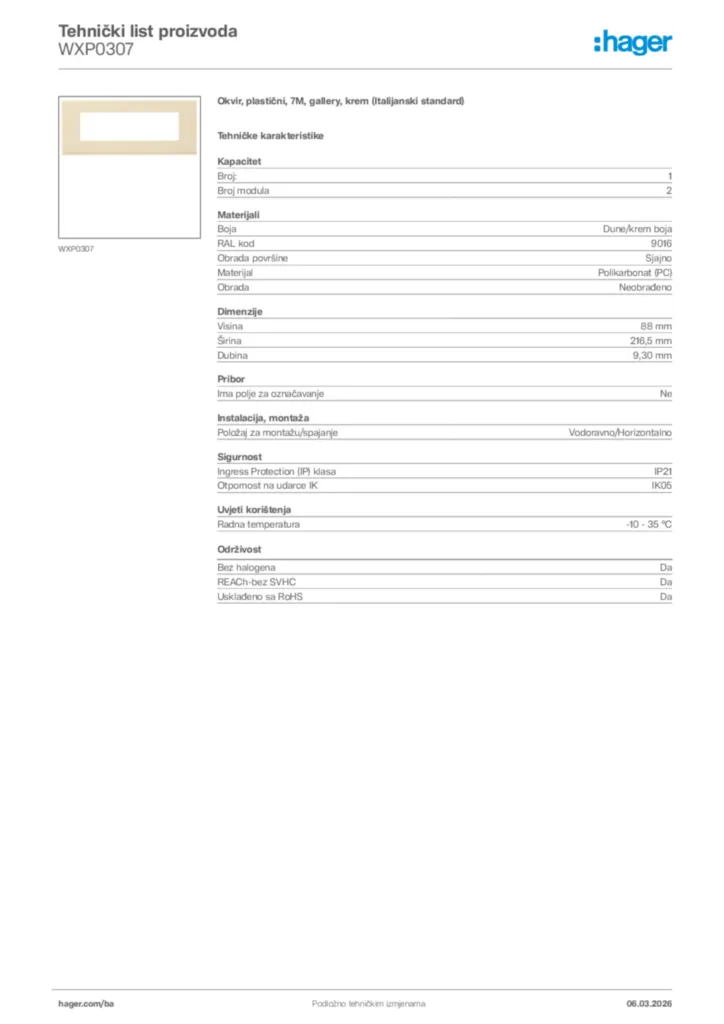 Slika Hager Tehnički list proizvoda WXP0307  | Hager
