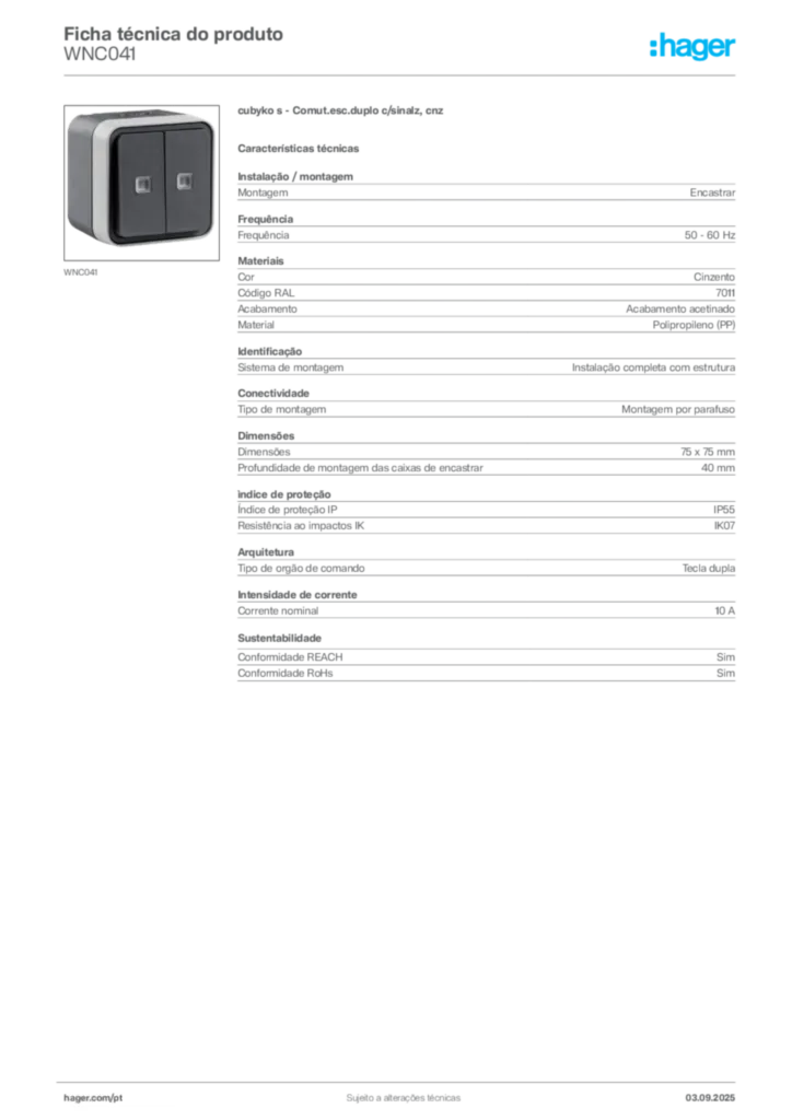 Imagem Hager Ficha técnica do produto WNC041 | Hager Portugal