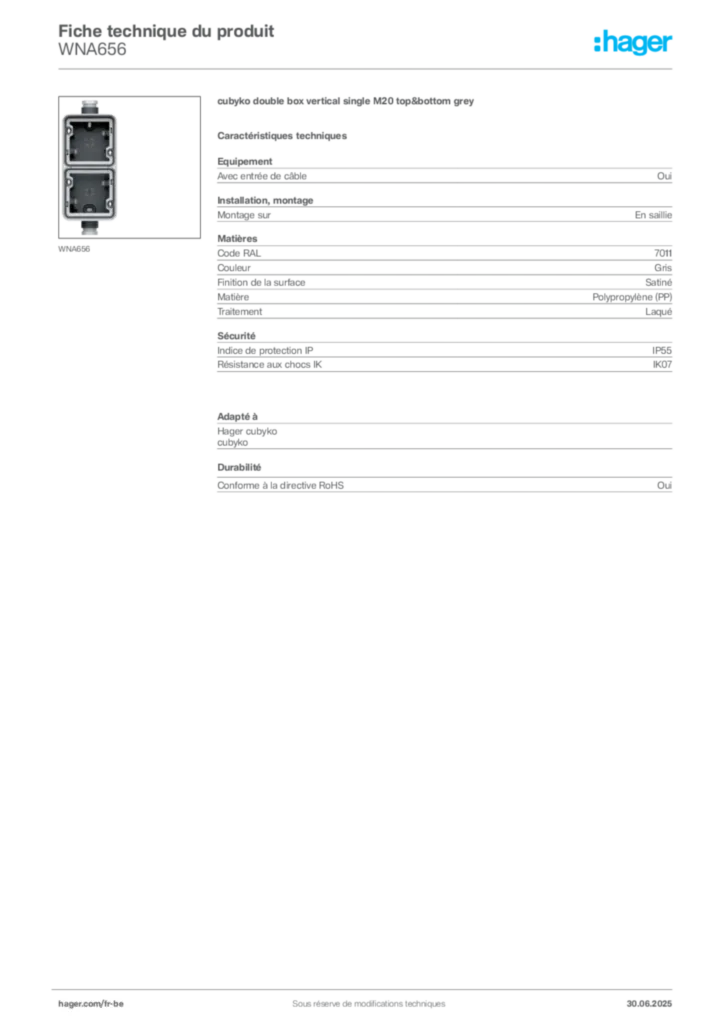 Image Hager Fiche technique du produit WNA656 | Hager Belgique