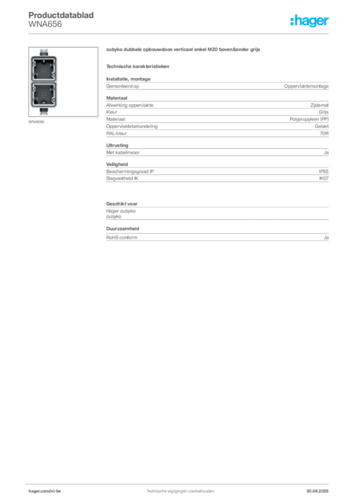 Afbeelding Hager Productdatablad WNA656 | Hager Belgium