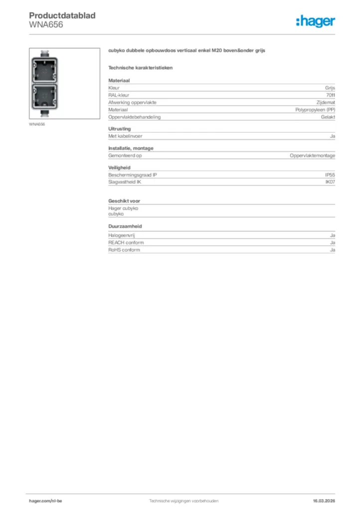 Afbeelding Hager Productdatablad WNA656 | Hager Belgium