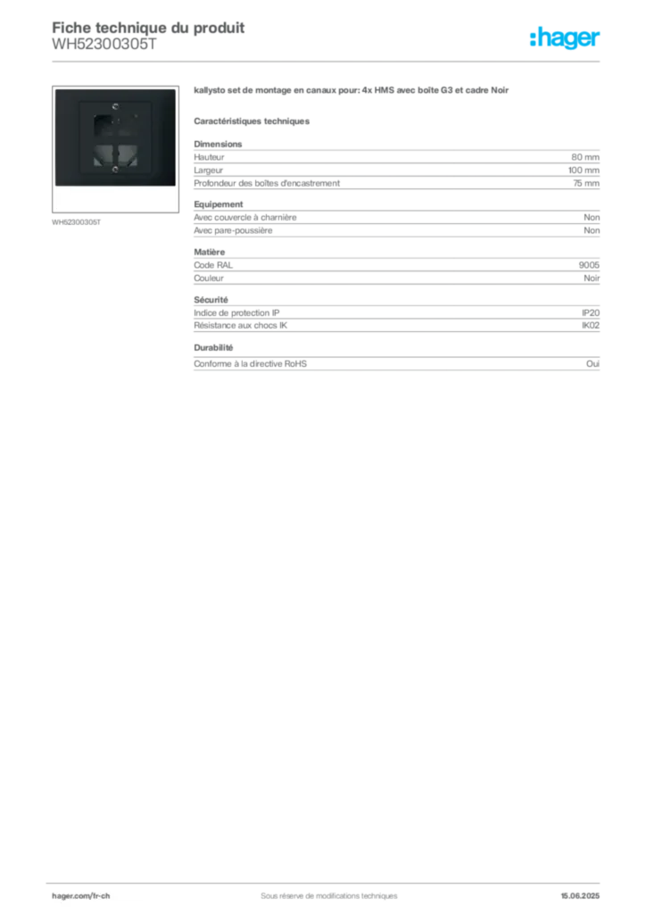 Image Hager Fiche technique du produit WH52300305T | Hager Suisse