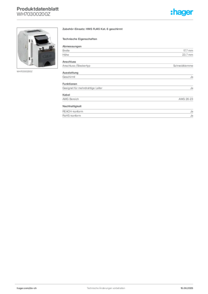 Bild Hager Produktdatenblatt WH70300200Z | Hager Schweiz
