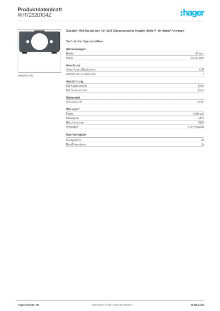 Bild Hager Produktdatenblatt WH72520104Z | Hager Schweiz
