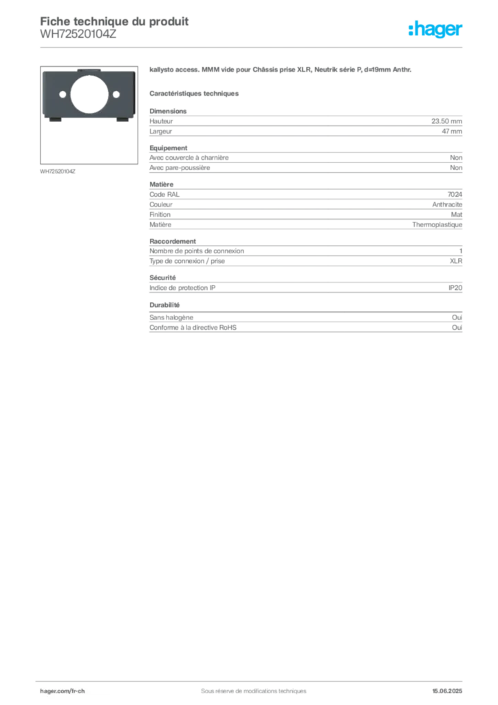 Image Hager Fiche technique du produit WH72520104Z | Hager Suisse