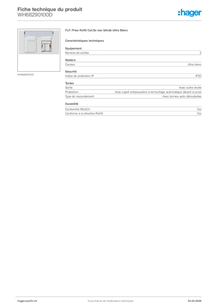 Image Hager Fiche technique du produit WH66290100D | Hager Suisse
