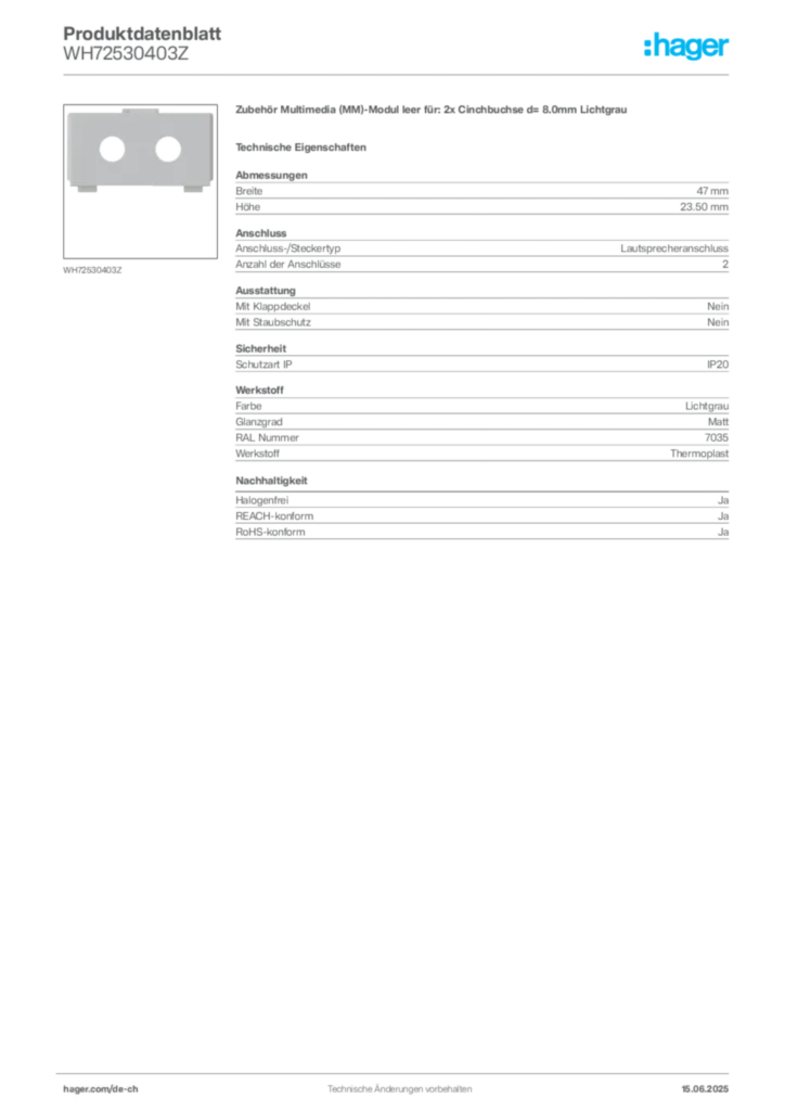 Bild Hager Produktdatenblatt WH72530403Z | Hager Schweiz