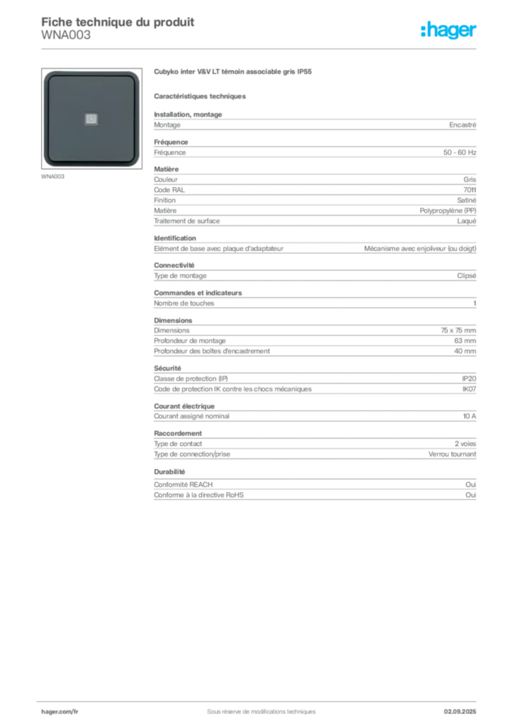 Image Hager Fiche technique du produit WNA003 | Hager France