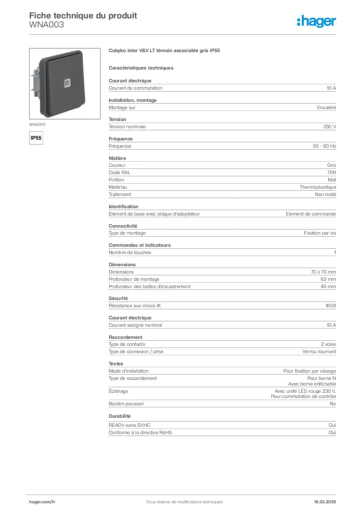Image Hager Fiche technique du produit WNA003 | Hager France