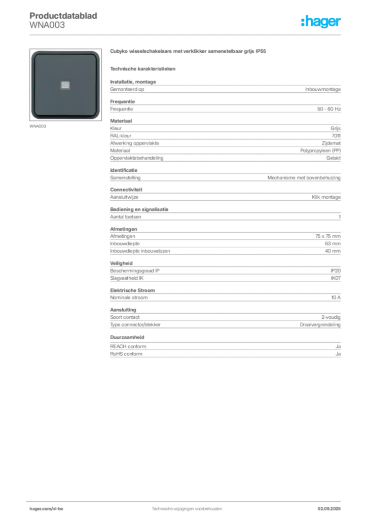 Afbeelding Hager Productdatablad WNA003 | Hager Belgium