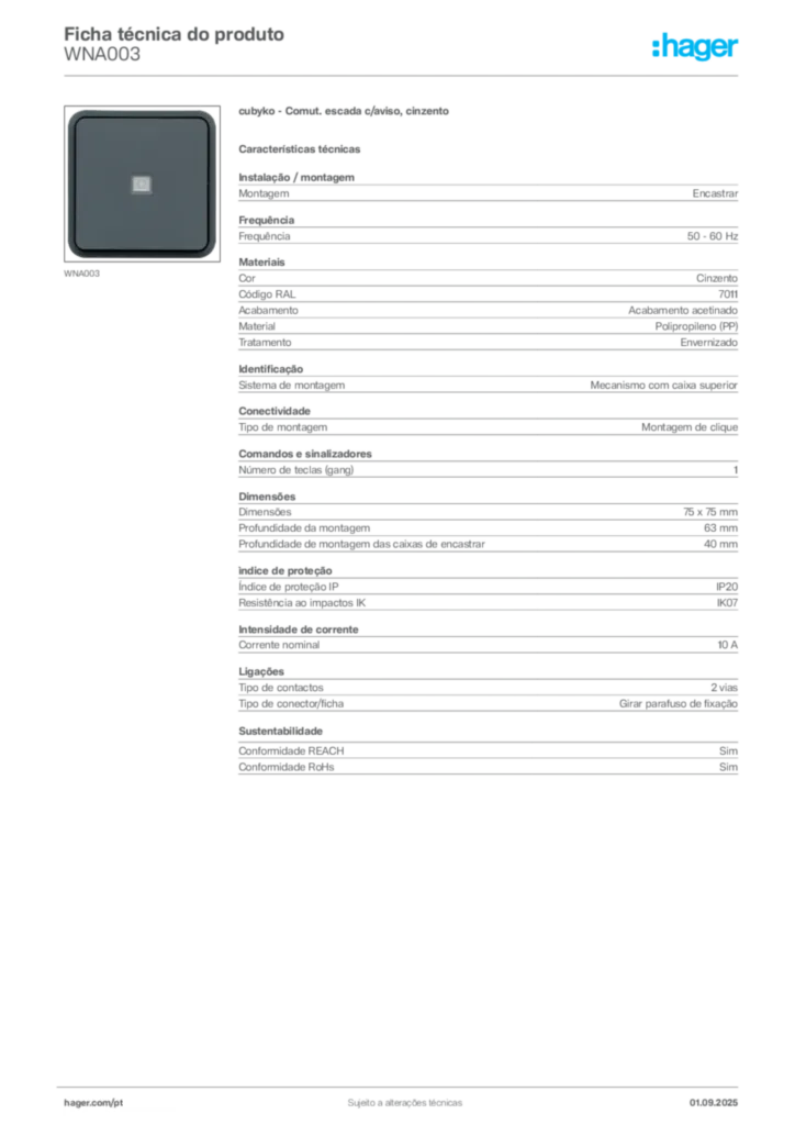 Imagem Hager Ficha técnica do produto WNA003 | Hager Portugal