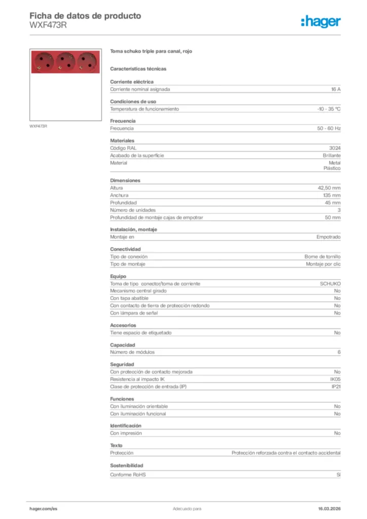 Imagen Hager Ficha de datos de producto WXF473R | Hager España