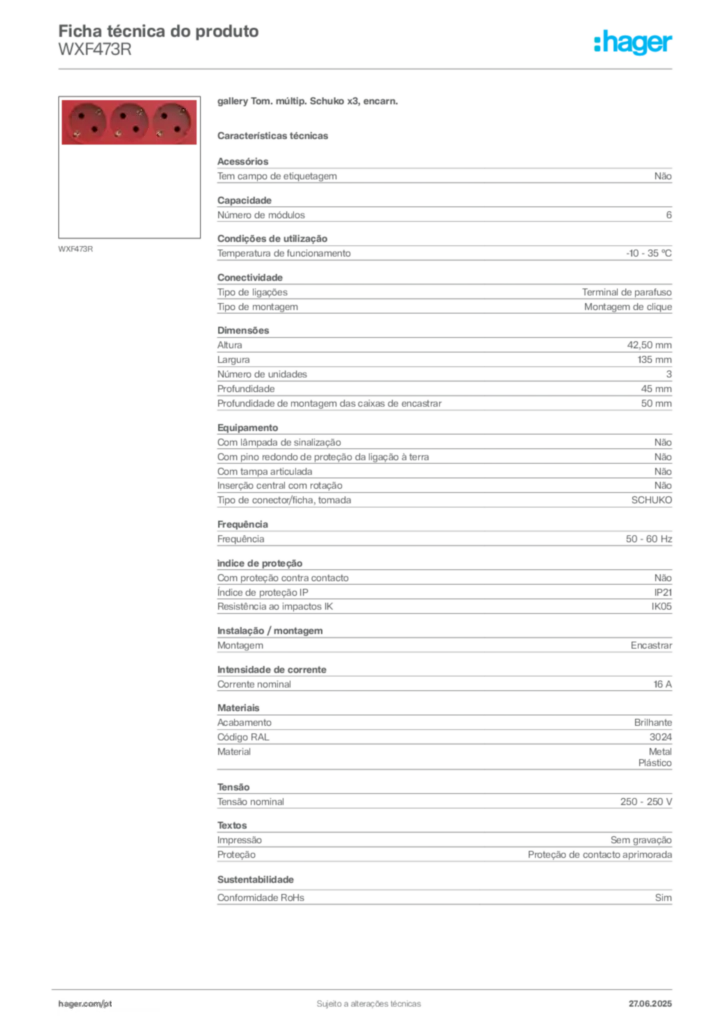 Imagem Hager Ficha técnica do produto WXF473R | Hager Portugal
