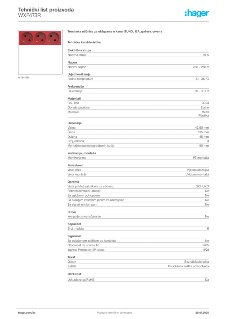 Slika Hager Product data sheet WXF473R  | Hager
