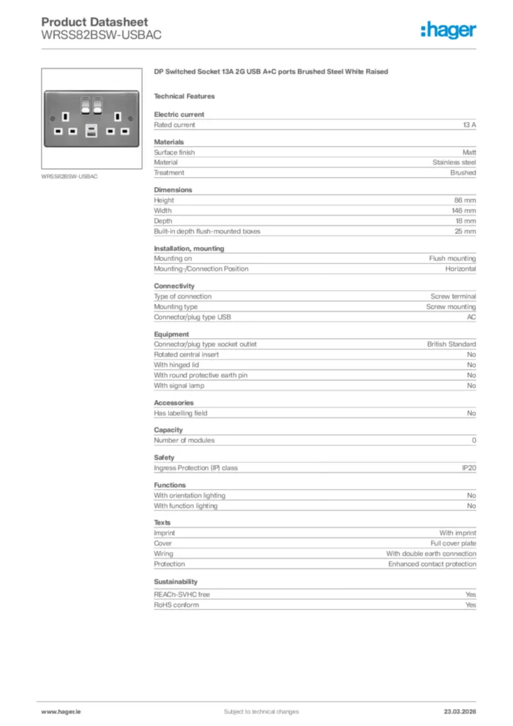 Image Hager Product data sheet WRSS82BSW-USBAC  | Hager