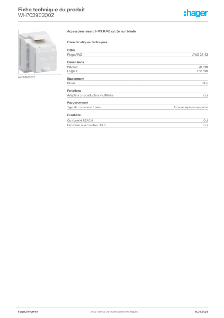 Image Hager Fiche technique du produit WH70290300Z | Hager Suisse