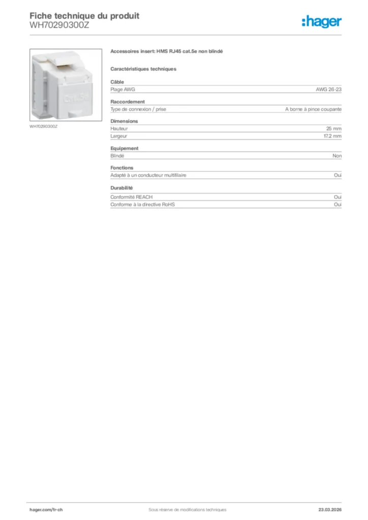 Image Hager Fiche technique du produit WH70290300Z | Hager Suisse
