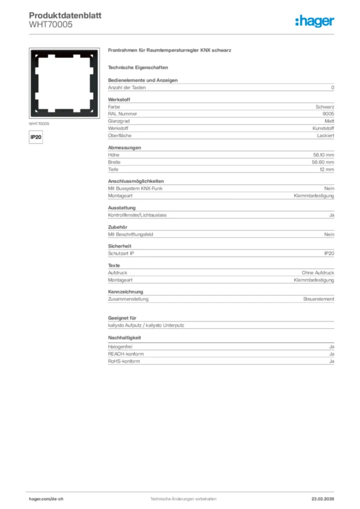 Bild Hager Produktdatenblatt WHT70005 | Hager Schweiz