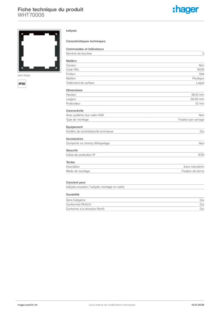 Image Hager Fiche technique du produit WHT70005 | Hager Suisse